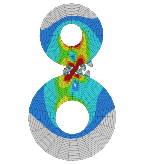 Simulation par éléments finis sous OptiStruct de contacts complexes entre deux roues dentées avec cartographie des contraintes.