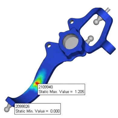 Analyse de fatigue et de durabilité sur un composant automobile avec affichage des valeurs limites sous OptiStruct.