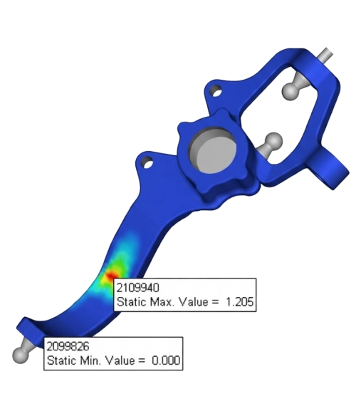 Analyse de fatigue et de durabilité sur un composant automobile avec affichage des valeurs limites sous OptiStruct.