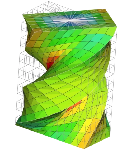 Simulation d'optimisation de forme tridimensionnelle montrant une structure hélicoïdale maillée sous OptiStruct.