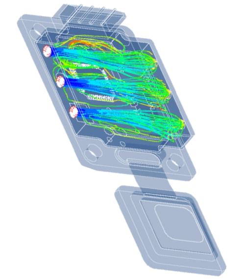 Modélisation multiphysique sous OptiStruct montrant les lignes de courant thermique dans un boîtier électronique.