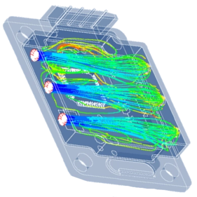 Modélisation multiphysique sous OptiStruct montrant les lignes de courant thermique dans un boîtier électronique.