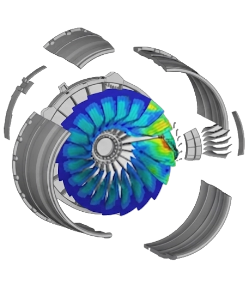 Rendu 3D de post-traitement montrant l'analyse par éléments finis d'une turbine de moteur d'avion éclatée en simulation numérique.