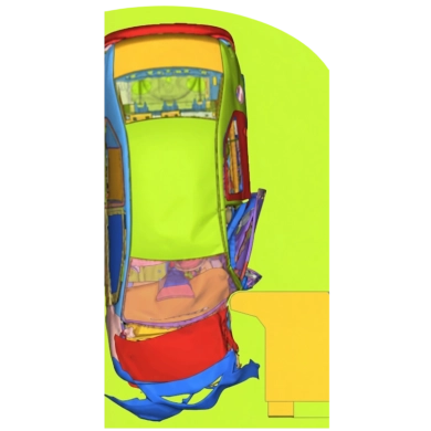 Vue de dessus des résultats d'une simulation de choc latéral de voiture par éléments finis, montrant la déformation de la structure du véhicule et l'impact avec une barrière mobile déformable (jaune), générée avec Radioss.