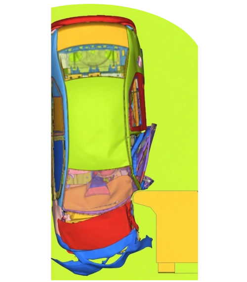 Vue de dessus des résultats d'une simulation de choc latéral de voiture par éléments finis, montrant la déformation de la structure du véhicule et l'impact avec une barrière mobile déformable (jaune), générée avec Radioss.