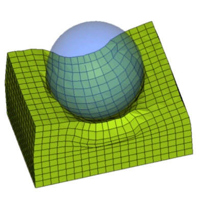 Simulation d'impact par éléments finis montrant une sphère rigide pénétrant dans un bloc déformable (matériau de type sol ou mousse), générée avec Siemens Radioss.