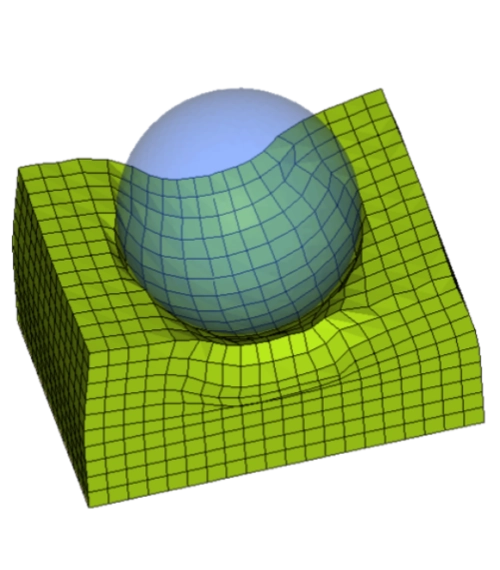 Simulation d'impact par éléments finis montrant une sphère rigide pénétrant dans un bloc déformable (matériau de type sol ou mousse), générée avec Siemens Radioss.