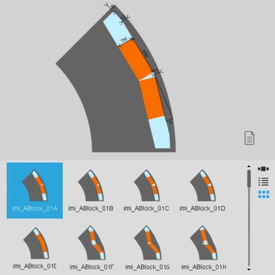 Interface logicielle de conception de moteurs électriques montrant la géométrie d'un segment de rotor avec des aimants permanents (orange) et des barres de flux (bleu clair).