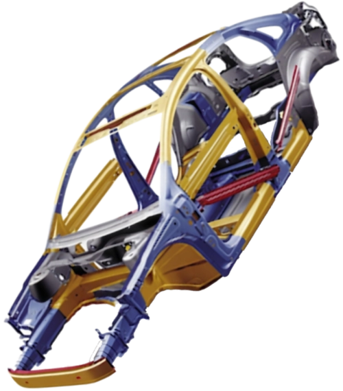 Analyse structurelle par éléments finis d'une carrosserie de voiture en 3D, mettant en évidence les zones de contraintes avec un code couleur.