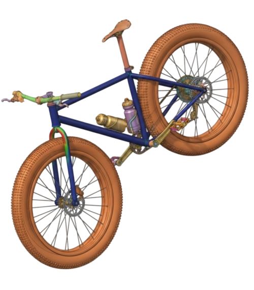 Analyse par éléments finis d'un vélo tout-terrain complet, montrant la structure du cadre et les contraintes mécaniques sur la fourche.