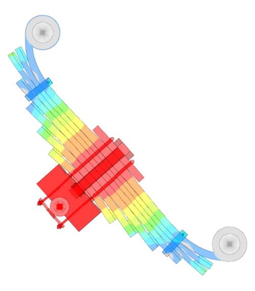 Simulation non linéaire d'une suspension à lames multiples sous charge avec le logiciel OptiStruct.